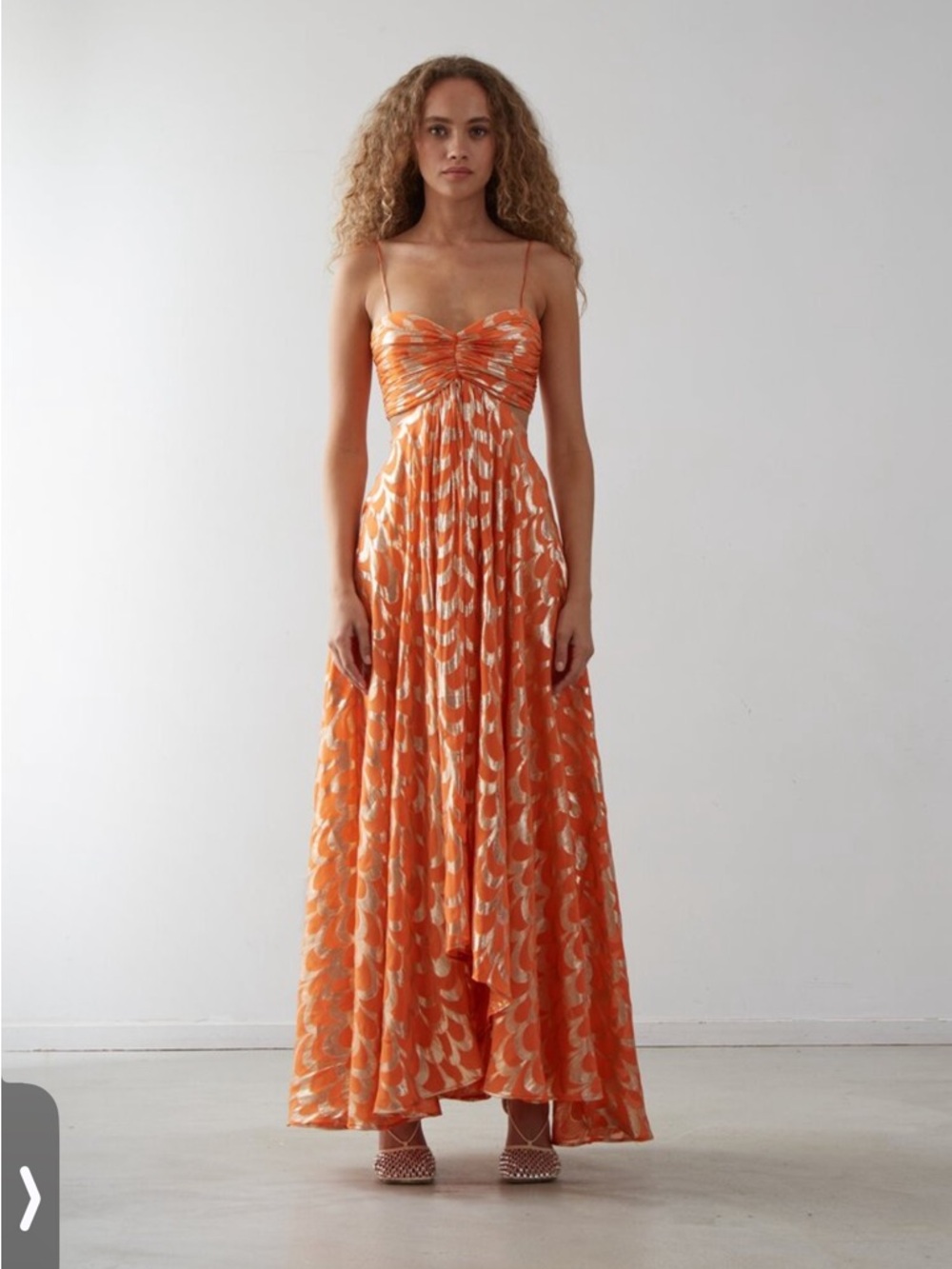 Orange Printed Ruched Bodice Maxi Dress